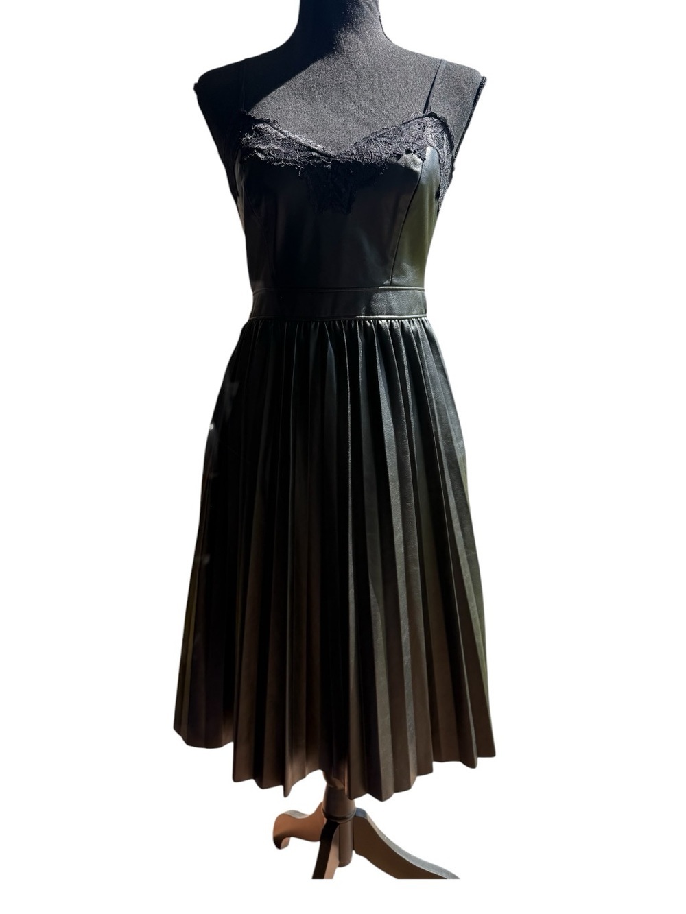 Black Pleated Faux Leather Slip Dress with Lace Trim